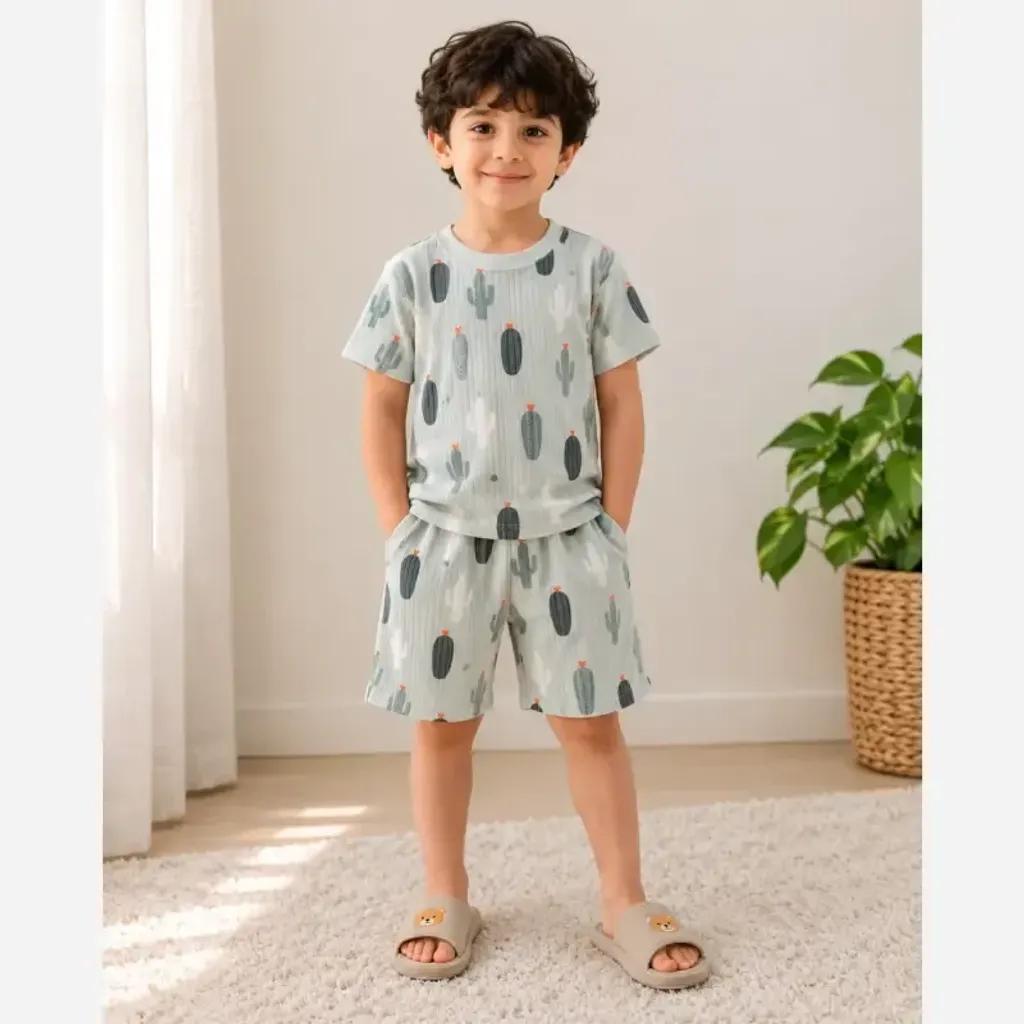 خرید اینترنتی قیمت ست تیشرت و شلوارک راحتی پسرانه پارچه کبریتی سایز 1 تا 9 سال
