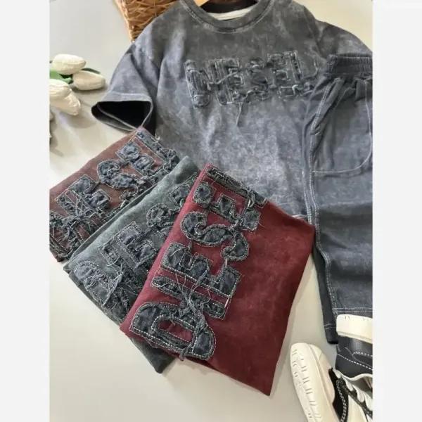 ست بلوز شلوارک پسرانه طرح سنگ شور اسپرت نخ پنبه