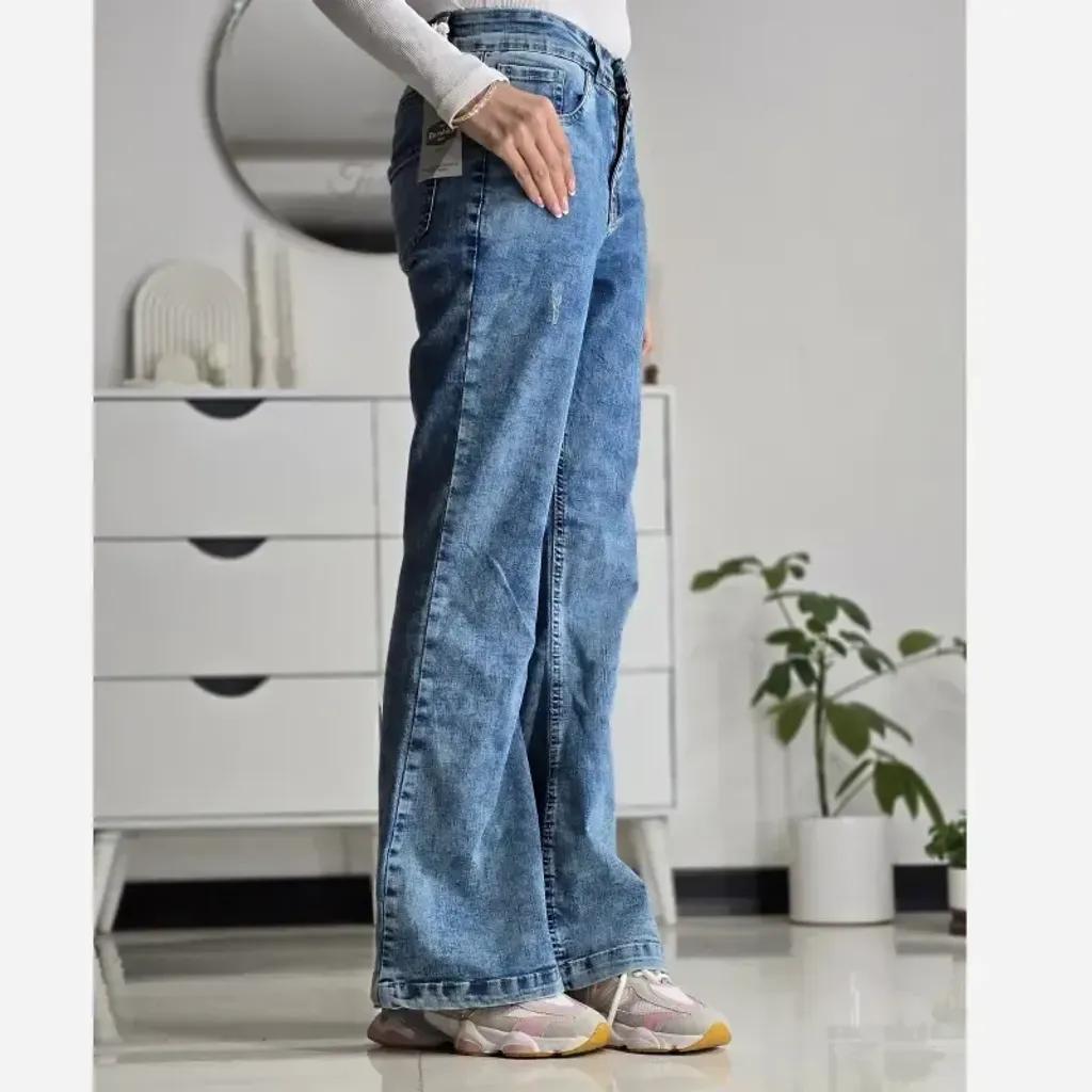 خرید اینترنتی قیمت شلوار جین زنانه بوت کات دمپاگشاد آبی تمام کش سایز 38