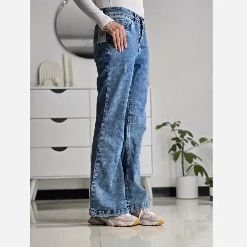 خرید اینترنتی قیمت شلوار جین زنانه بوت کات دمپاگشاد آبی تمام کش سایز 38