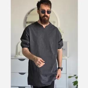 خرید اینترنتی قیمت تیشرت مردانه یقه کوبایی لی کاغذی آستین کش رنگ آبی و ذغالی