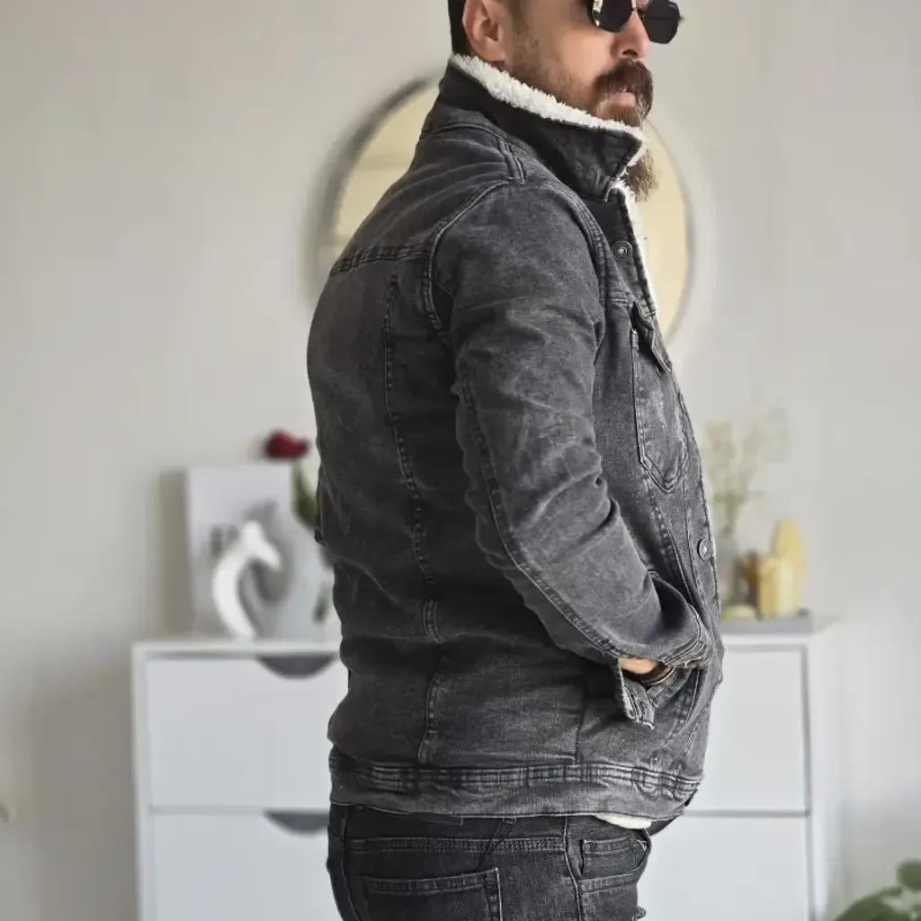 خرید اینترنتی قیمت کت جین خزدار زنانه تمام کش رنگ مشکی ذغالی سایز L تا XXXL