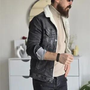 خرید اینترنتی قیمت کت جین خزدار زنانه تمام کش رنگ مشکی ذغالی سایز L تا XXXL