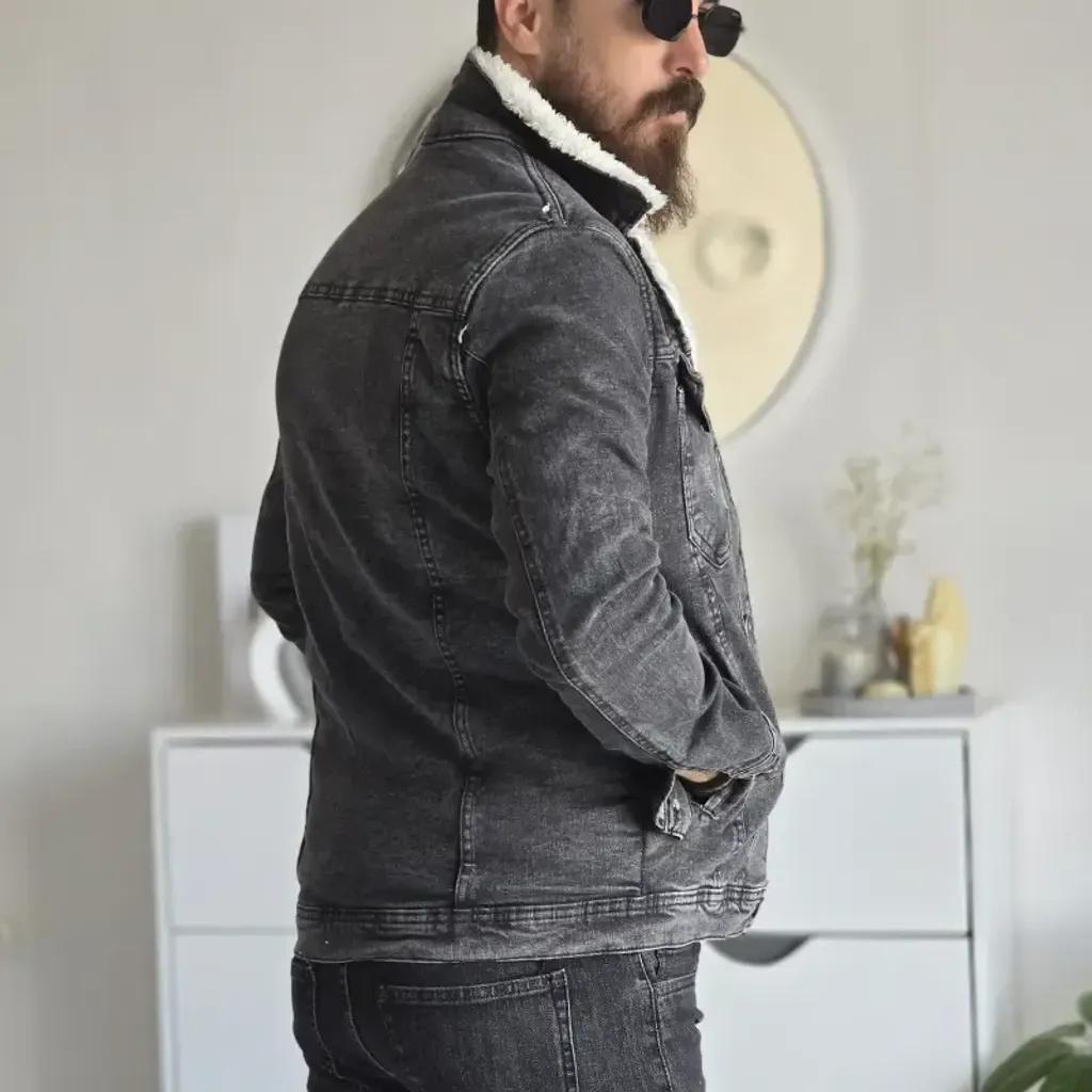 خرید اینترنتی قیمت کت جین خزدار زنانه تمام کش رنگ مشکی ذغالی سایز L تا XXXL