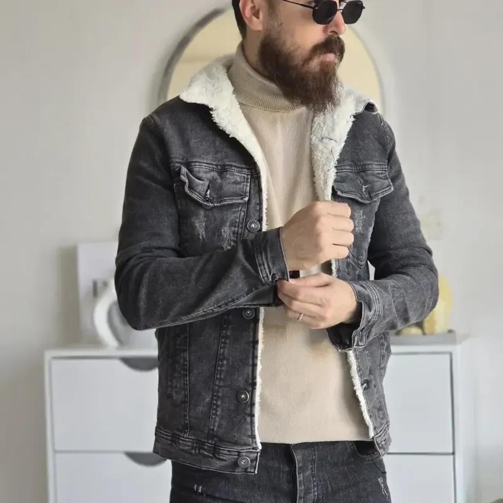 خرید اینترنتی قیمت کت جین خزدار زنانه تمام کش رنگ مشکی ذغالی سایز L تا XXXL