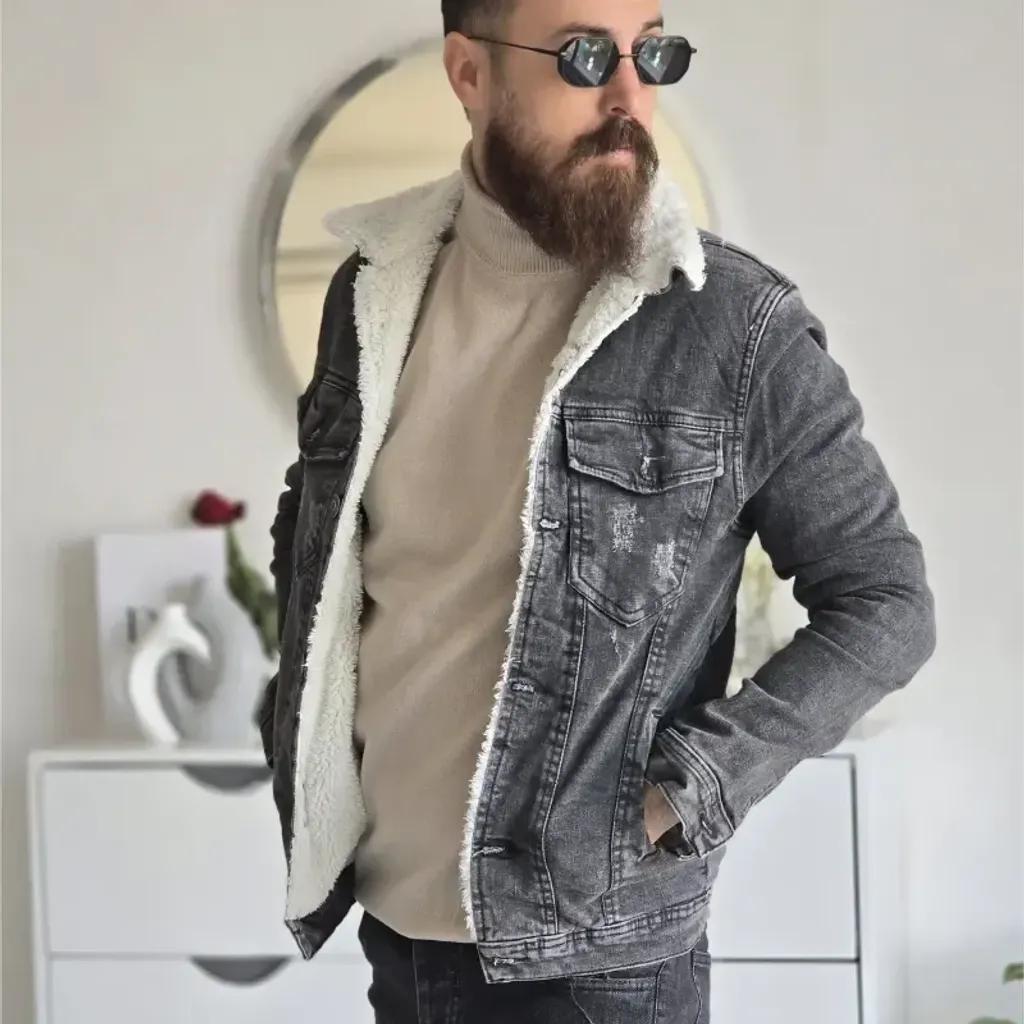 خرید اینترنتی قیمت کت جین خزدار زنانه تمام کش رنگ مشکی ذغالی سایز L تا XXXL