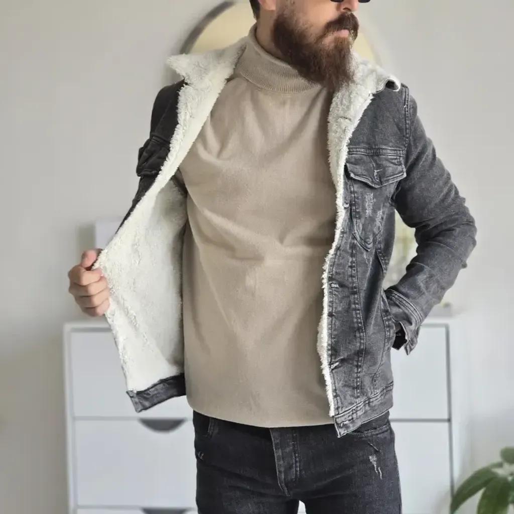 خرید اینترنتی قیمت کت جین خزدار زنانه تمام کش رنگ مشکی ذغالی سایز L تا XXXL