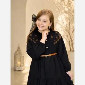 خرید اینترنتی قیمت پیراهن مشکی دخترانه یقه گلدوزی شده جنس تترون نخ اعلا مناسب بهار و تابستان 6 تا 12 سال