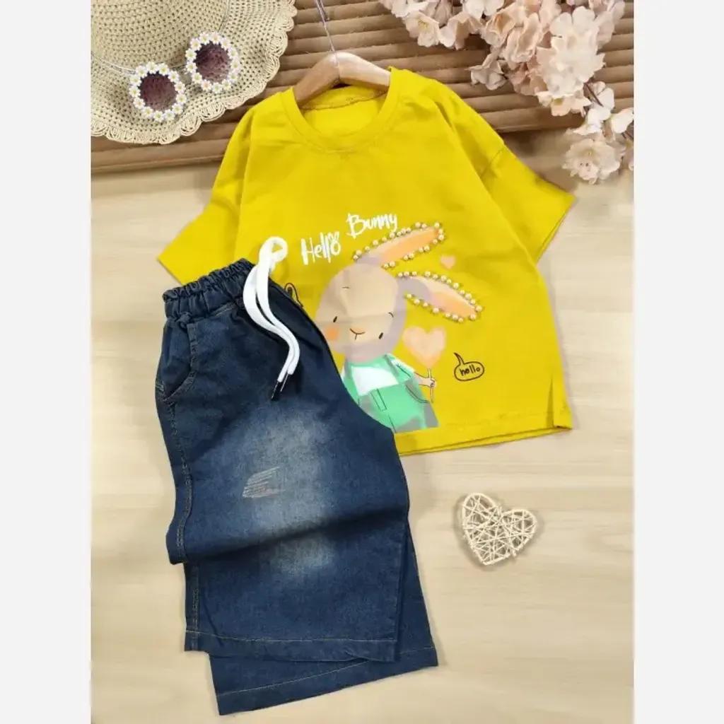 خرید اینترنتی قیمت ست تیشرت و شلوارک جین دخترانه مروارید دوزی شده سایز 35 تا 50