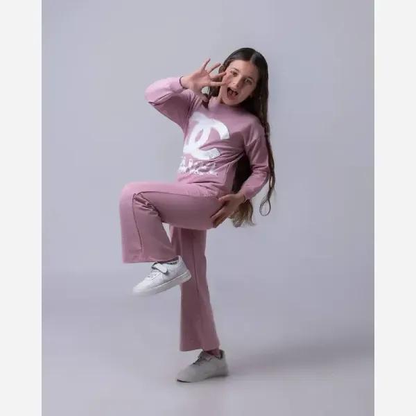 ست بلوز و شلوار راحتی دخترانه کراپ نگین کاری شده جنس نخ پنبه دورس لاکرا دار سایز 50 تا 65