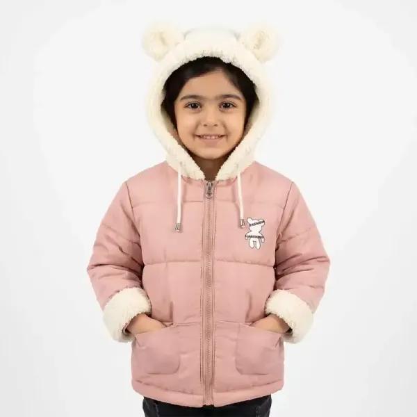 کاپشن دخترانه تدی کلاه خز گلبهی