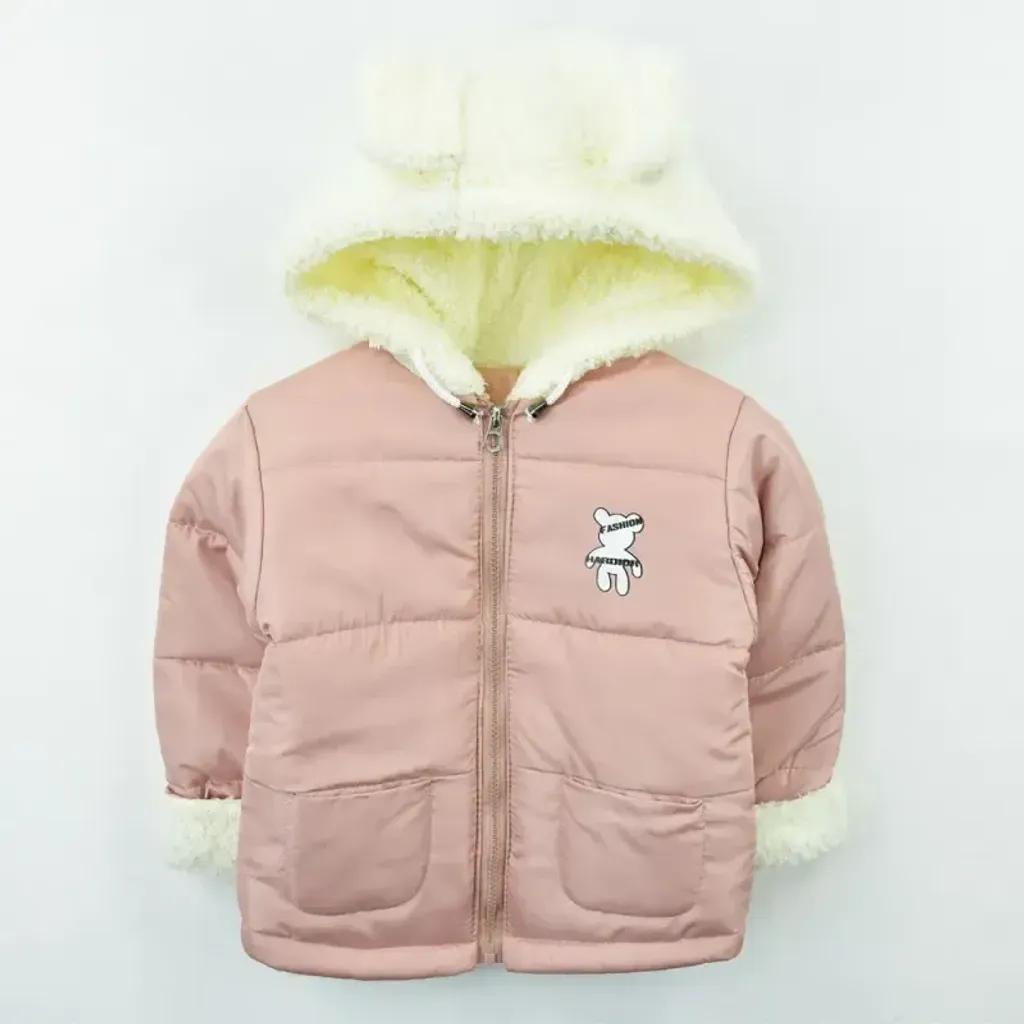 خرید اینترنتی قیمت کاپشن دخترانه تدی کلاه خز گلبهی