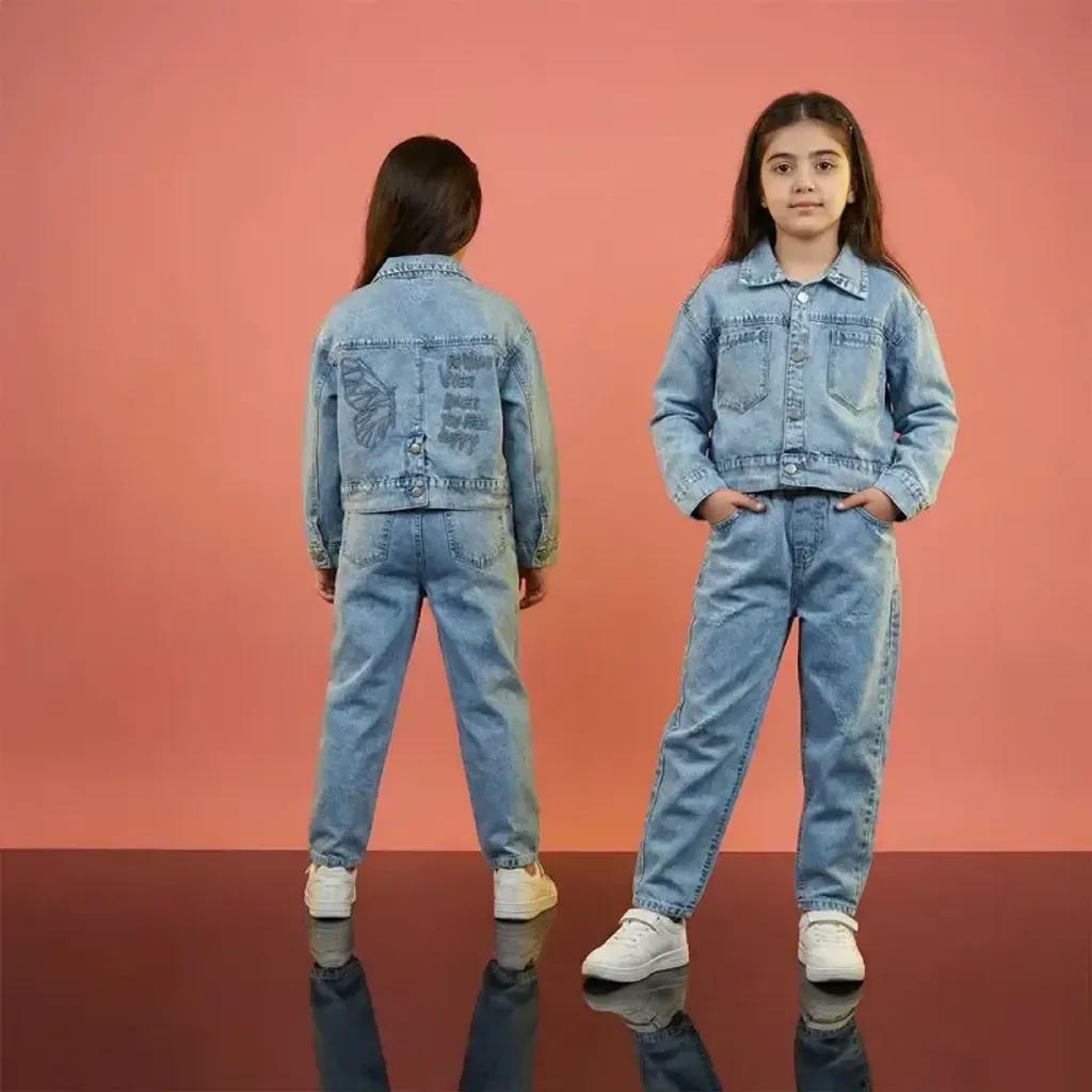 خرید اینترنتی قیمت ست کت و شلوار جین دخترانه طرح پروانه مدل کمر کش