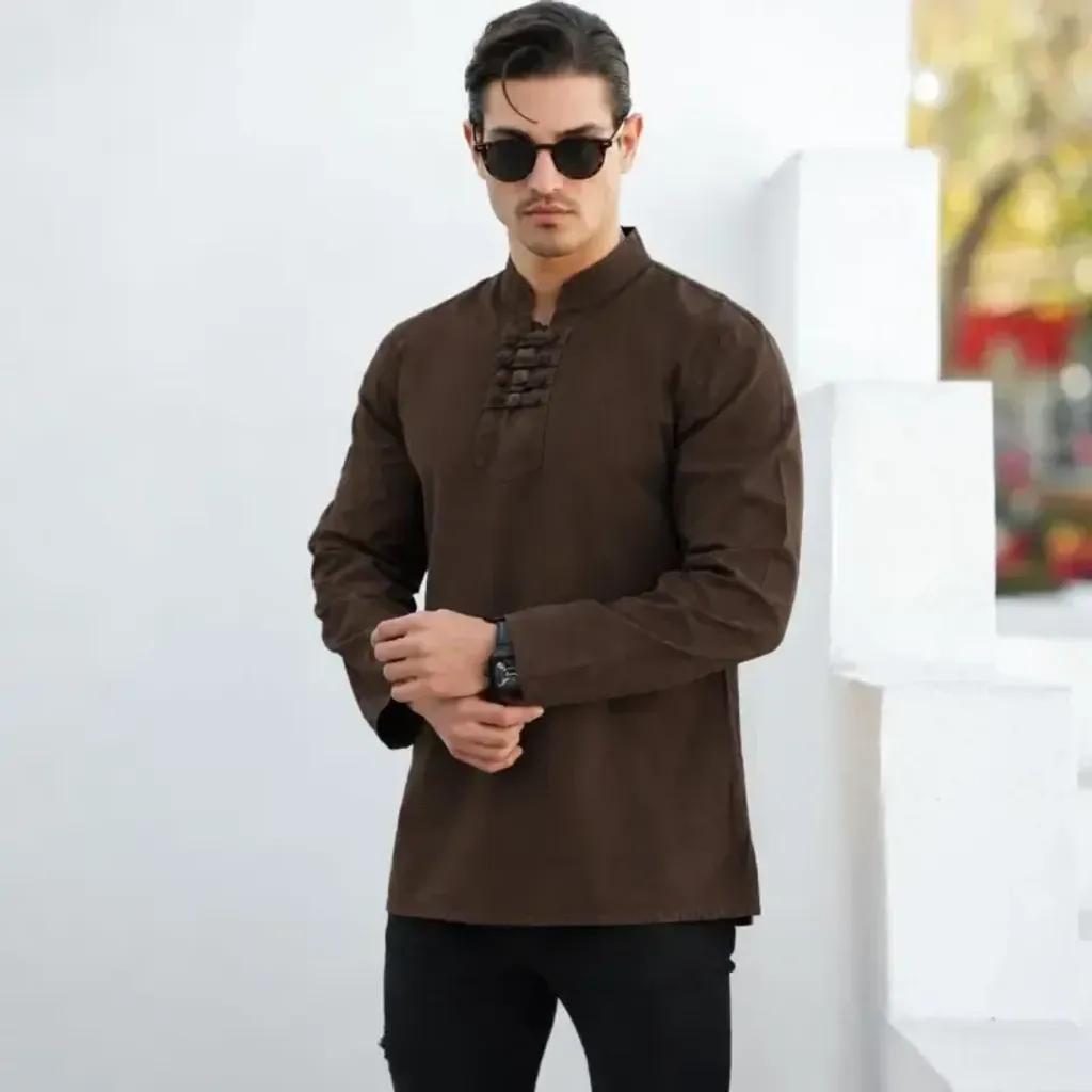 خرید اینترنتی قیمت پیراهن الیاف طبیعی مردانه مدل آرشا رنگ قهوه ای