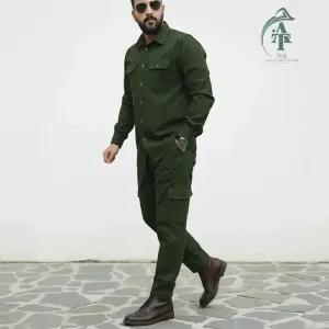 ست پیراهن و شلوار کتان مردانه مدل یاشیل رنگ سبز لجنی