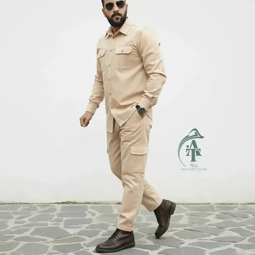 خرید اینترنتی قیمت ست پیراهن و شلوار کتان مردانه مدل یاشیل رنگ نخودی