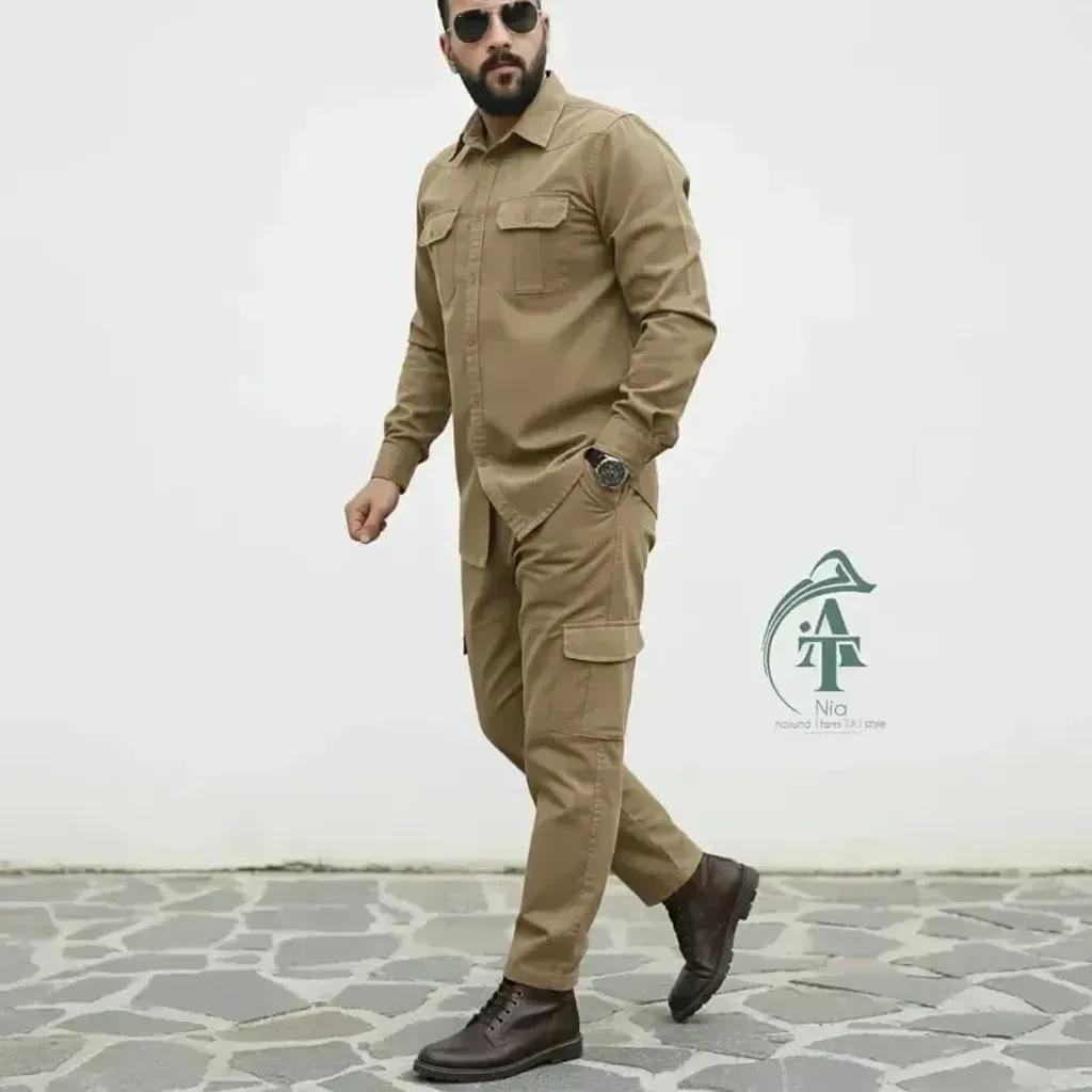خرید اینترنتی قیمت ست پیراهن و شلوار کتان مردانه مدل یاشیل رنگ خاکی