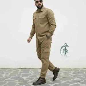 ست پیراهن و شلوار کتان مردانه مدل یاشیل رنگ خاکی