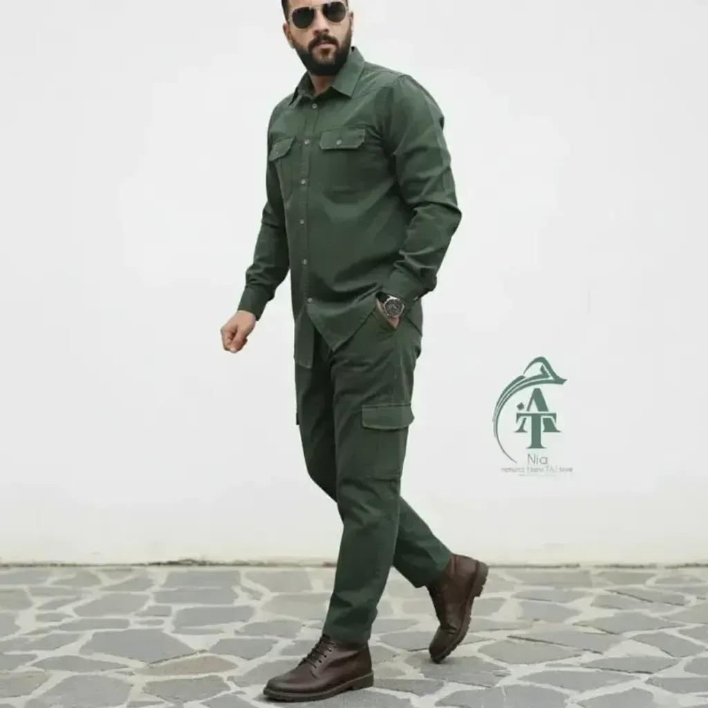 خرید اینترنتی قیمت ست پیراهن و شلوار کتان مردانه مدل یاشیل رنگ سبز یشمی