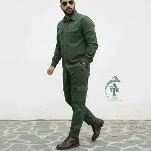 ست پیراهن و شلوار کتان مردانه مدل یاشیل رنگ سبز یشمی