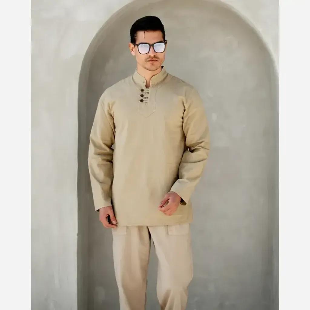 خرید اینترنتی قیمت شلوار مردانه الیاف طبیعی مدل سهند رنگ کرم 100 درصد پنبه
