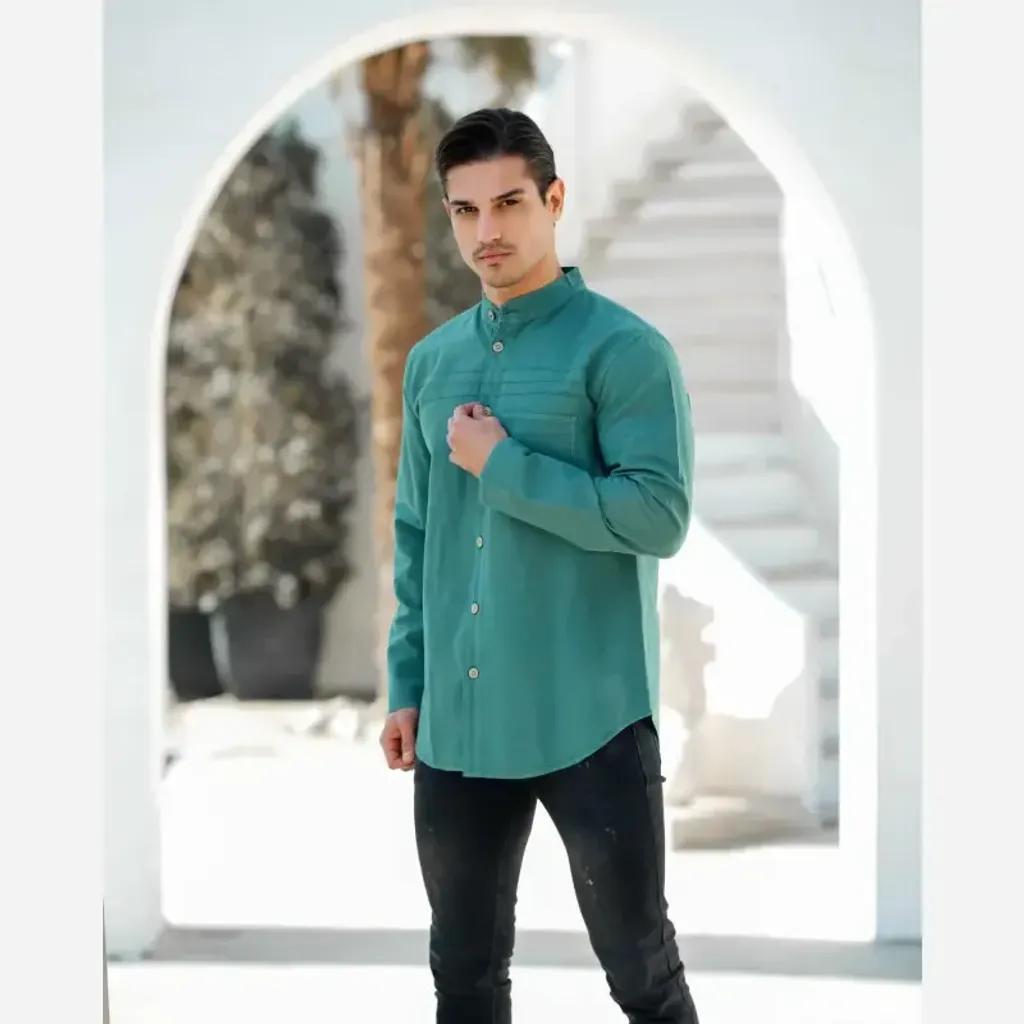 خرید اینترنتی قیمت پیراهن مردانه الیاف طبیعی تمام دکمه سه خط رنگ کله غازی