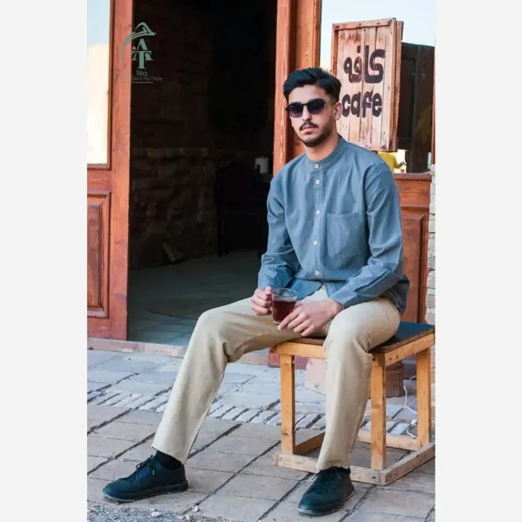 خرید اینترنتی قیمت پیراهن مردانه الیاف طبیعی 100 درصد پنبه مدل تمام دکمه مچ دار رنگ آبی