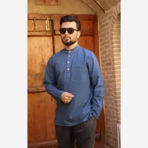 پیراهن مردانه الیاف طبیعی 100 درصد پنبه مدل چهار دکمه رنگ آبی نفتی
