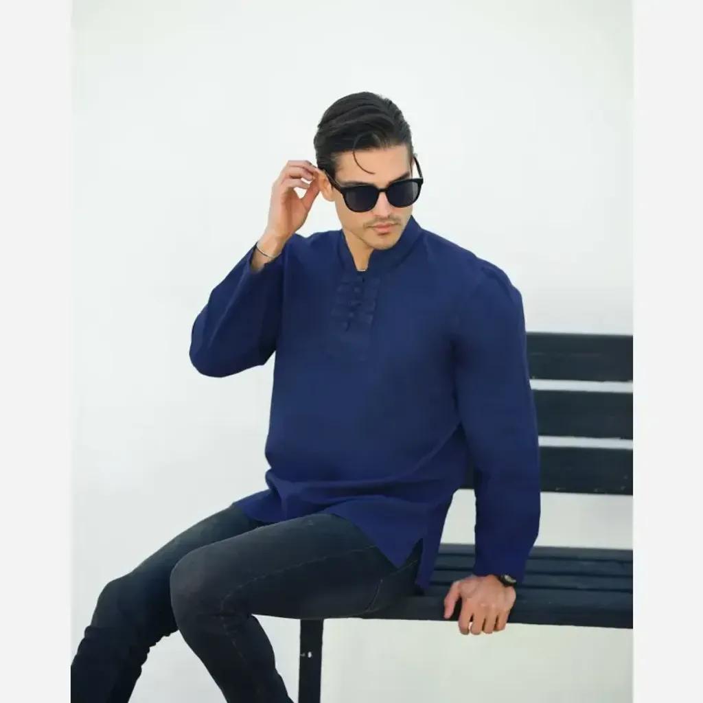 خرید اینترنتی قیمت پیراهن مردانه الیاف طبیعی 100 درصد پنبه مدل گره ای رنگ سرمه ای