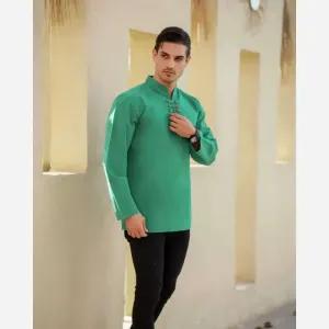 پیراهن مردانه الیاف طبیعی 100 درصد پنبه مدل هشت دکمه رنگ سبز صابونی