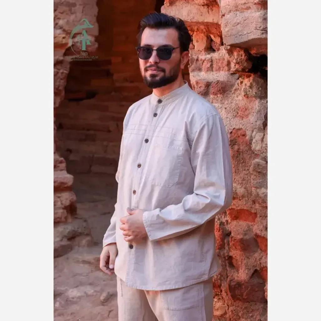 خرید اینترنتی قیمت پیراهن مردانه الیاف طبیعی تمام دکمه سه خط رنگ استخوانی
