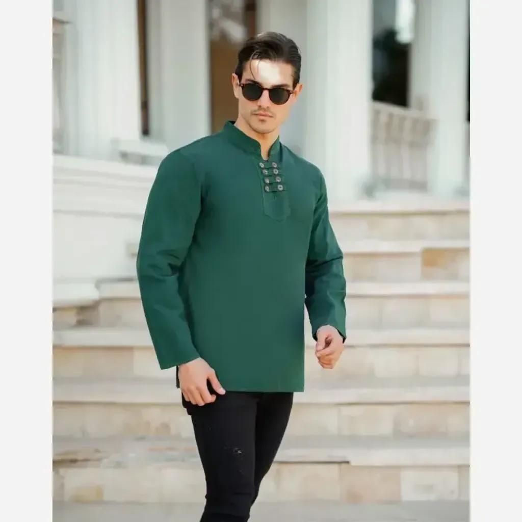 خرید اینترنتی قیمت پیراهن مردانه الیاف طبیعی 100 درصد پنبه مدل هشت دکمه رنگ سبز لجنی
