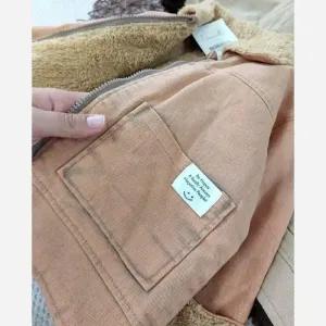خرید اینترنتی قیمت کت کاپشن بوفالو کتان خزدار بچگانه رنگ مسی و کرمی مناسب 1 تا 6 سال