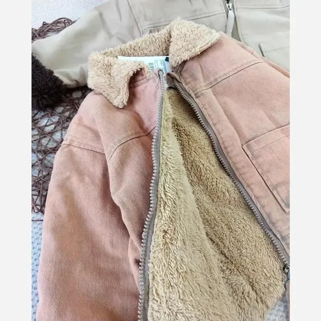 خرید اینترنتی قیمت کت کاپشن بوفالو کتان خزدار بچگانه رنگ مسی و کرمی مناسب 1 تا 6 سال