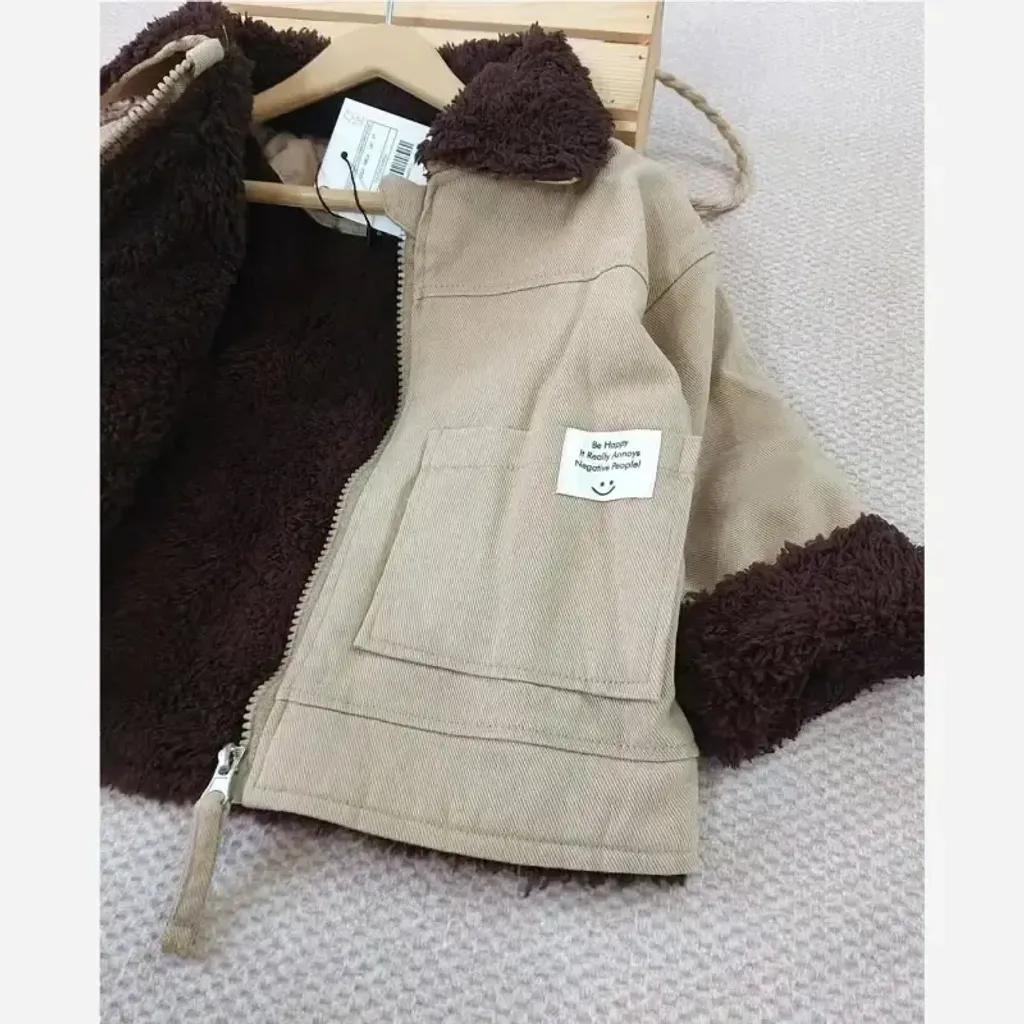 خرید اینترنتی قیمت کت کاپشن بوفالو کتان خزدار بچگانه رنگ مسی و کرمی مناسب 1 تا 6 سال