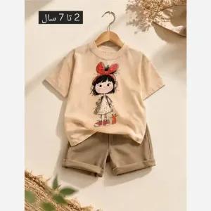 تیشرت شلوارک دخترانه طرح گربه پنبه و لینن مناسب 2 تا 8 سال