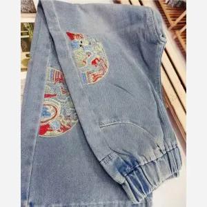 خرید اینترنتی قیمت شلوار بگ جین دخترانه گلدوزی شده سایز 130 مناسب 6 تا 8 سال وارداتی