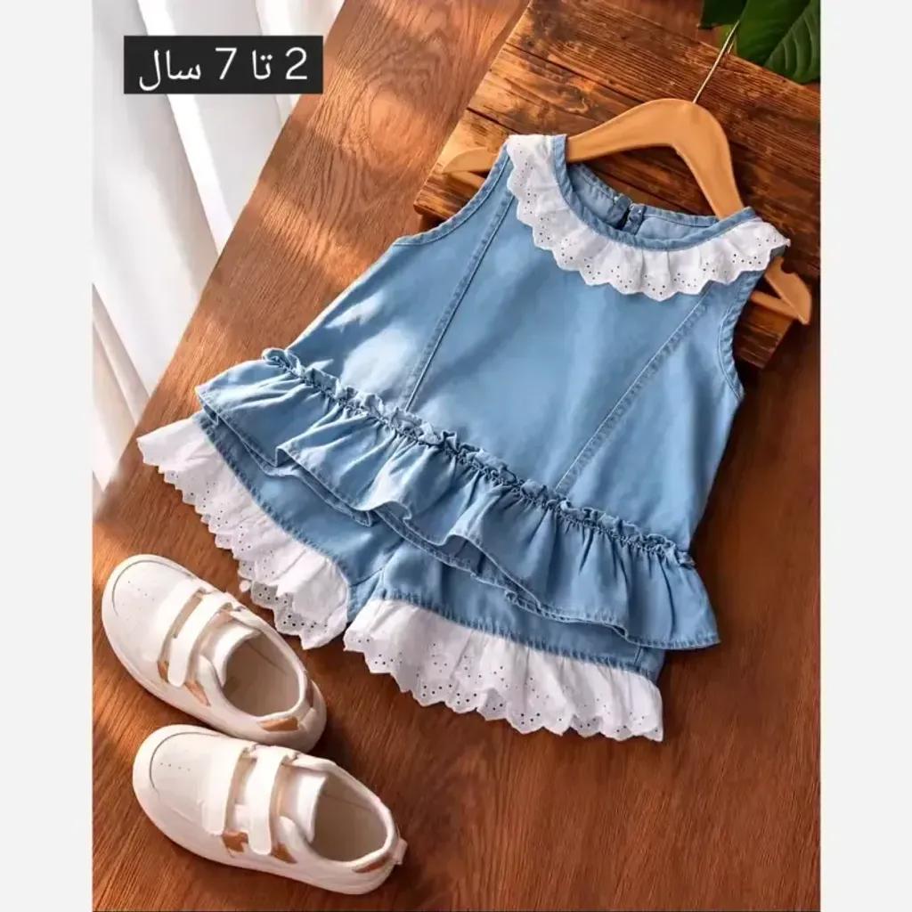 خرید اینترنتی قیمت ست تاپ و شورتک جین دانتل دار دخترانه خنک مناسب 1.5 تا 7 سال