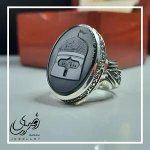 انگشتر نقره روس عقیق مشکی مردانه حکاکی گنبد امام رضا ع رنگ ثابت