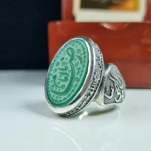 انگشتر نقره مردانه عقیق سبز با حکاکی دست استاد فتح عیار 925