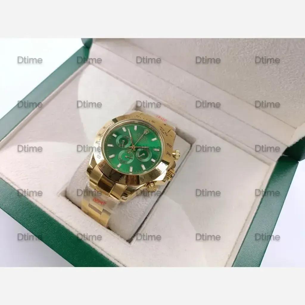 خرید اینترنتی قیمت ساعت مچی مردانه رولکس مدل دیتونا طلایی صفحه سبز با موتور ژاپن و کرنوگراف فعال