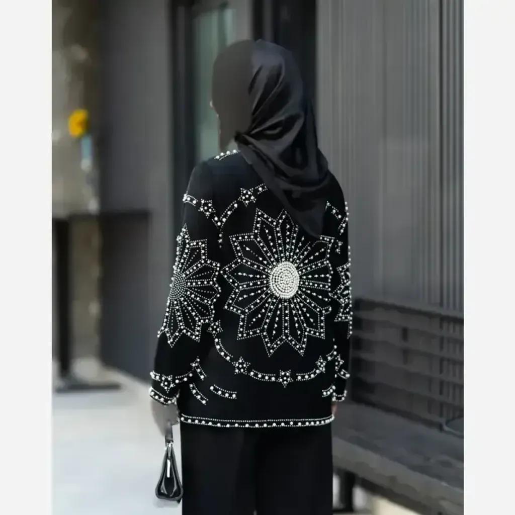 خرید اینترنتی قیمت کتی خورشید کرپ لمه مروارید و سنگ سایزبندی 40 تا 50 تک رنگ مشکی قد 70