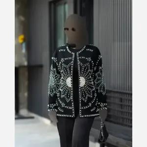 خرید اینترنتی قیمت کتی خورشید کرپ لمه مروارید و سنگ سایزبندی 40 تا 50 تک رنگ مشکی قد 70
