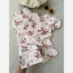 خرید اینترنتی قیمت بلوز و شلوار راحتی دخترانه طرح تدی جنس ریلی
