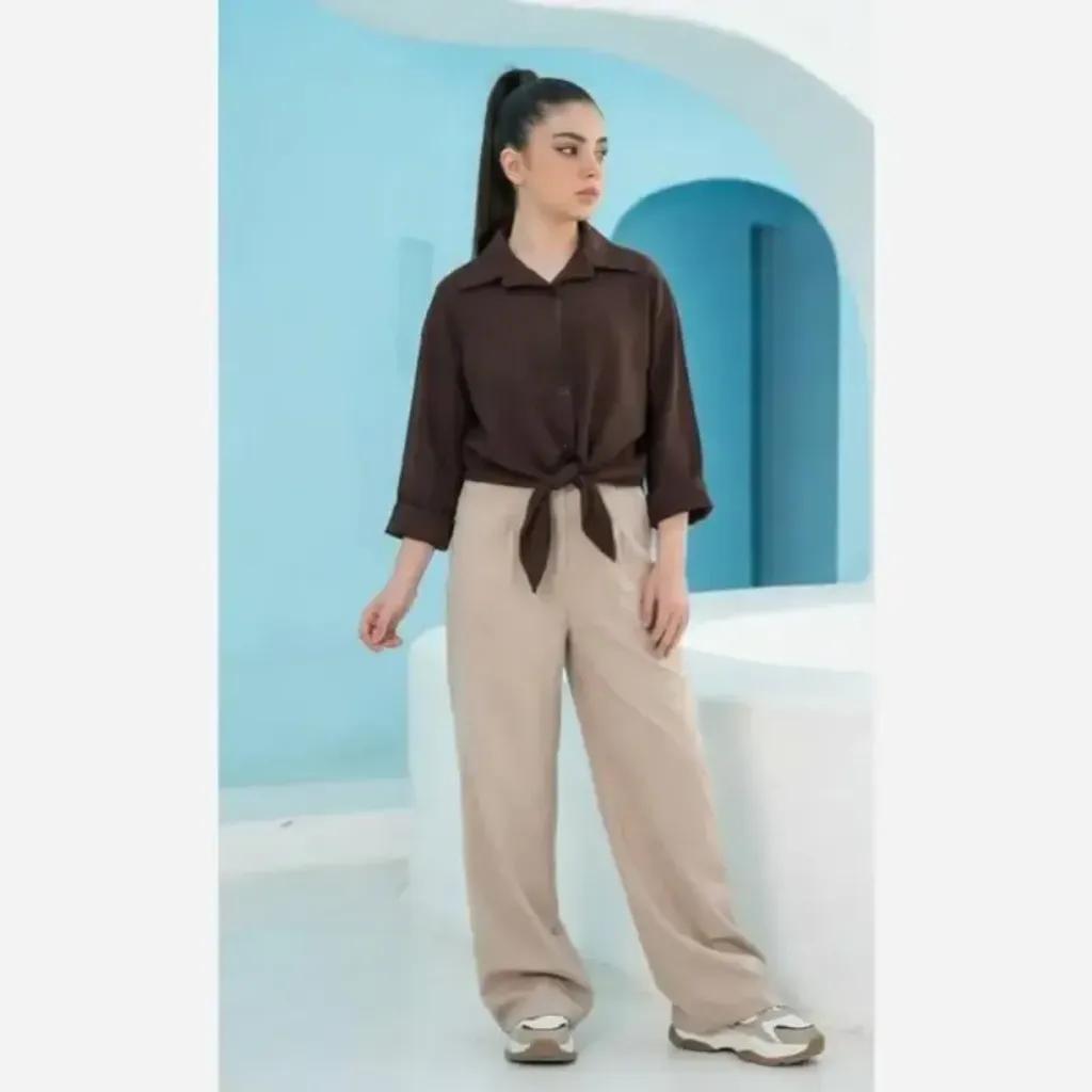 خرید اینترنتی قیمت شومیز کراپ دخترانه لینن آستین کیمونو مدل گره ای