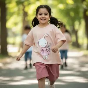 خرید اینترنتی قیمت ست دو تکه تابستانه تیشرت و شلوارک دخترانه طرح خرگوش سایز 1.5 تا 7 سال