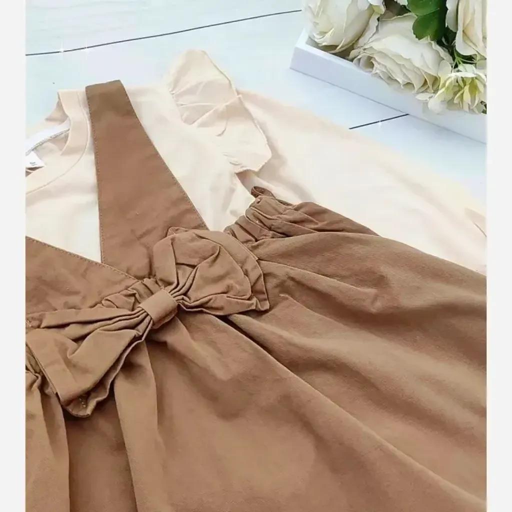 خرید اینترنتی قیمت ست بلوز و سارافون کتان دخترانه وارداتی مناسب 4 تا 11 سال