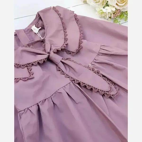 پیراهن یقه کراواتی دخترانه کتان نخ با گیپور مناسب 3 تا 9 سال
