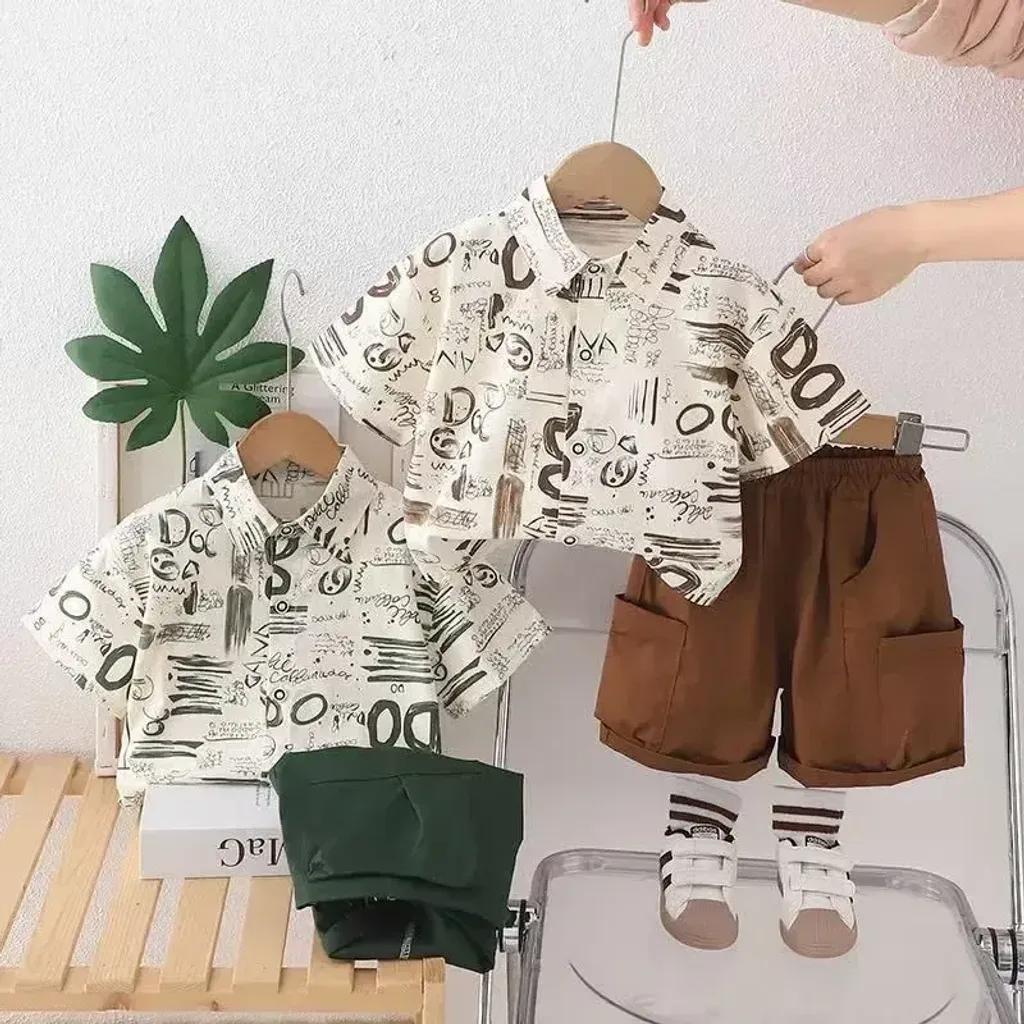 خرید اینترنتی قیمت ست پیراهن و شلوارک پسرانه وارداتی جنس کتان نخ خنک مناسب 8 ماه تا 5 سال