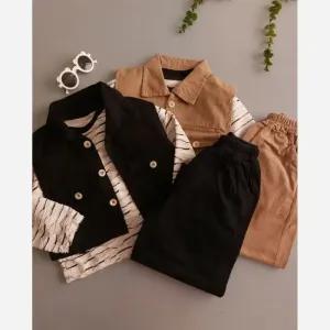 ست سه تیکه ژیله و بلوز و شلوار پسرانه کتان و لونا مراکشی کرم و مشکی